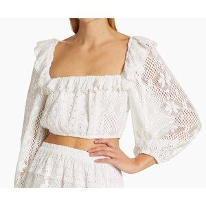 LoveShackFancy Dorabella Lace Overlay Ruffled Cropped Top Blouse True White M